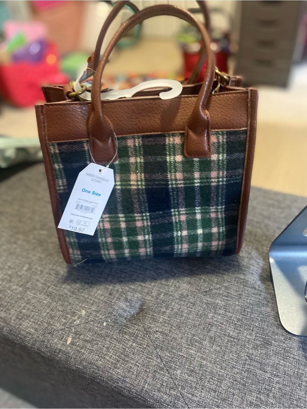 Time and Tru Brown Tote with Plaid Interior